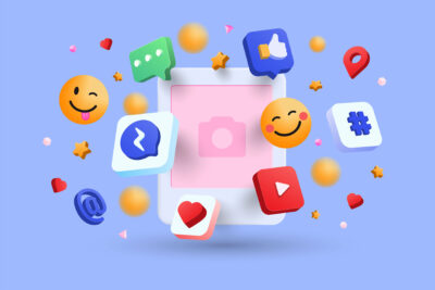 Blank Social network post surrounded with floating elements on blue background. Modern minimal design. 3d vector illustration