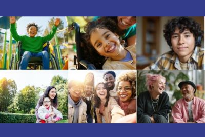A collage of diverse smiling faces and with varying abilities to represent the families PAVE supports